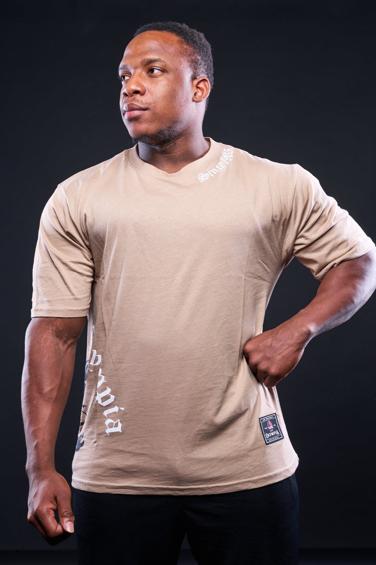 Olympia Premium Joe Weider Tan Side Print OS Tee